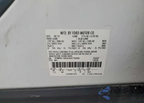 2018 Ford Explorer Xlt z USA, uszkodzony, nr VIN 1FM5K7D83JGC72202